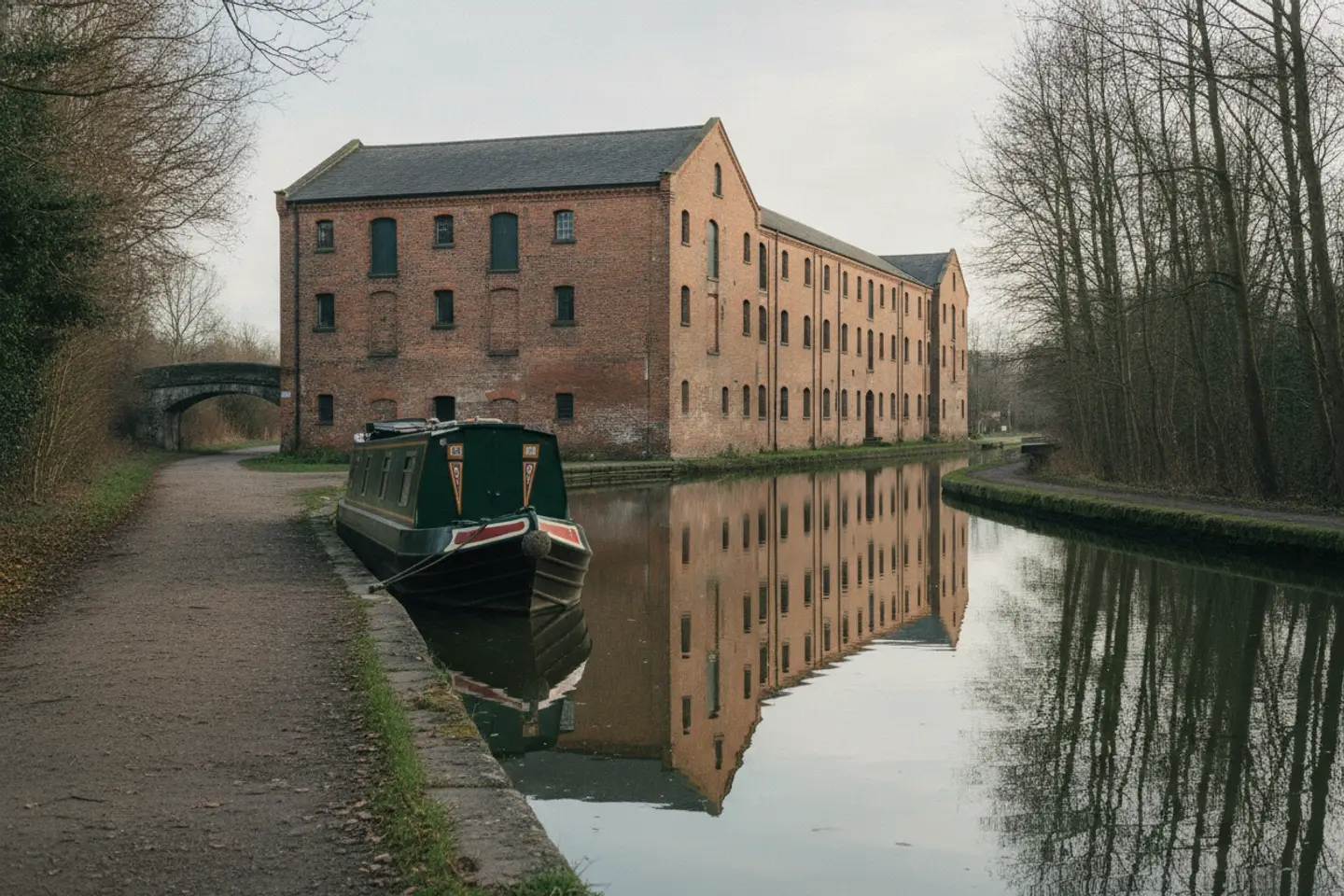 Canal towpath with a moored narrowboat beside a red-brick warehouse