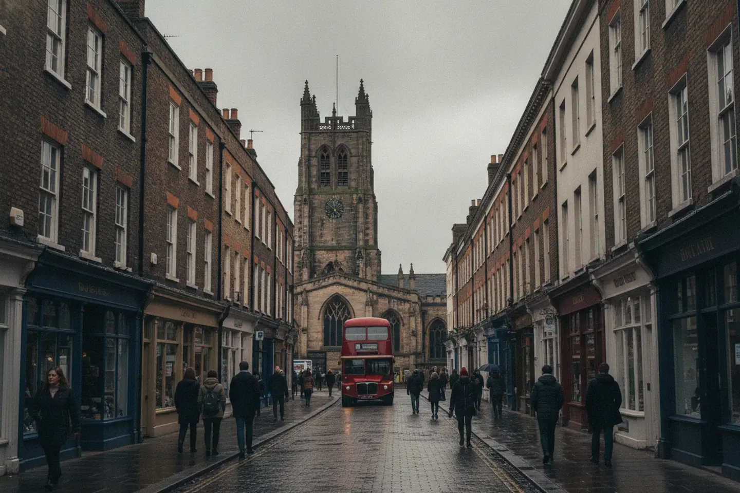 Georgian and Victorian brick streets in Derby's city centre with a gothic church tower behind