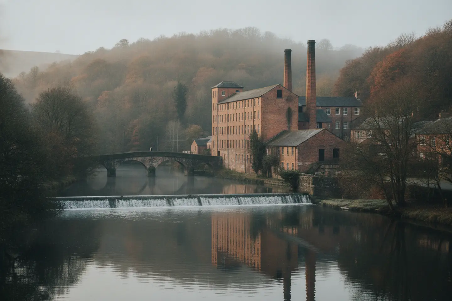 Red-brick mill beside the river Derwent with a weir and stone bridge