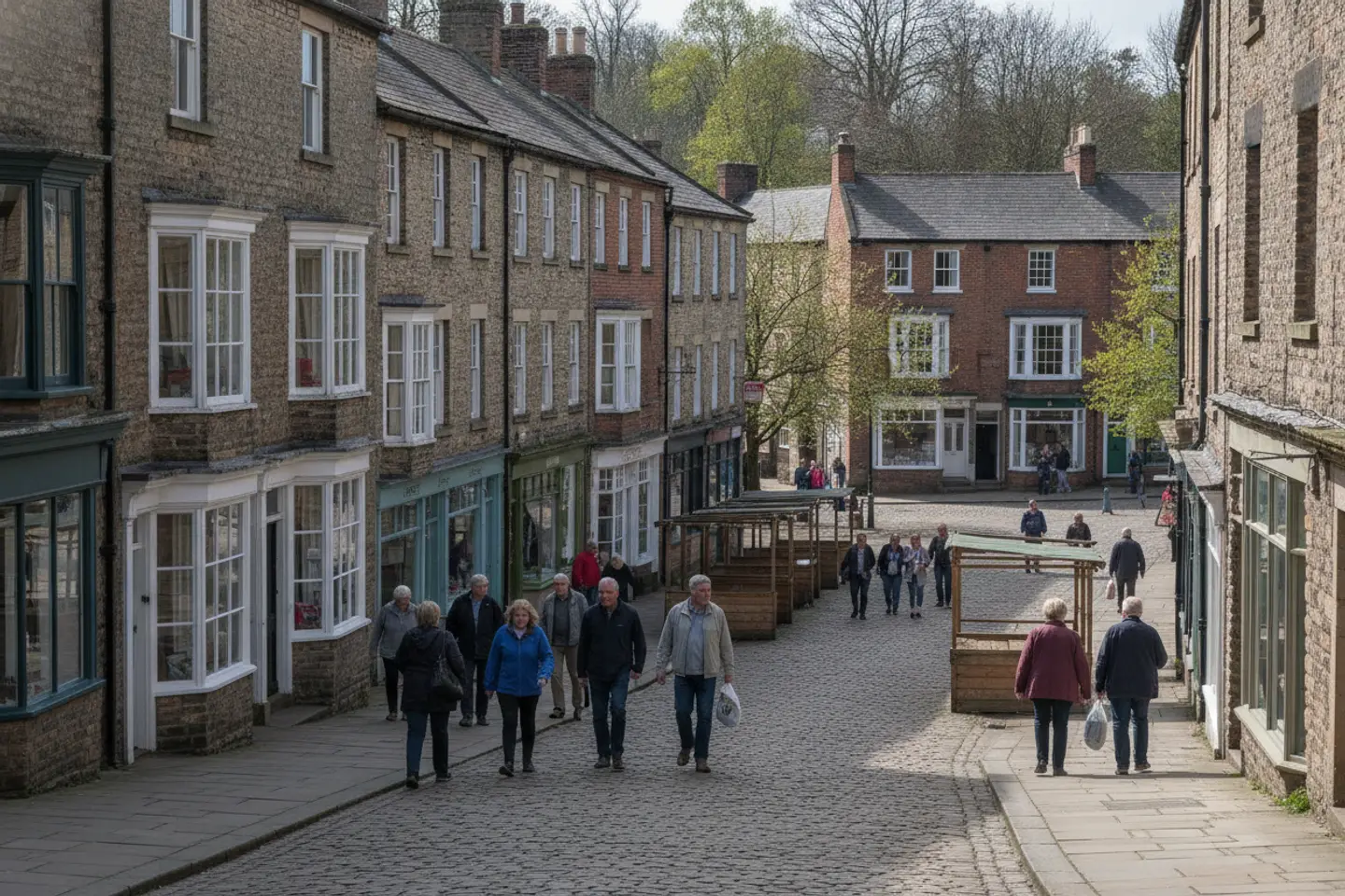 Sloping market town high street with stone and brick shops and people walking
