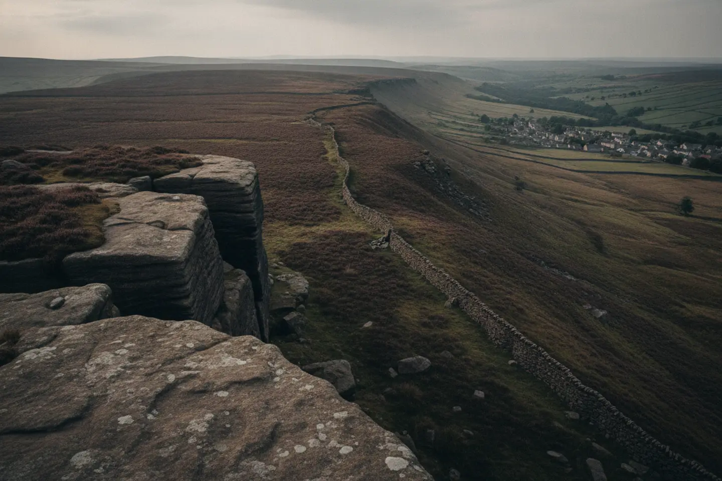 Gritstone edge and heather moorland above a small Peak District village