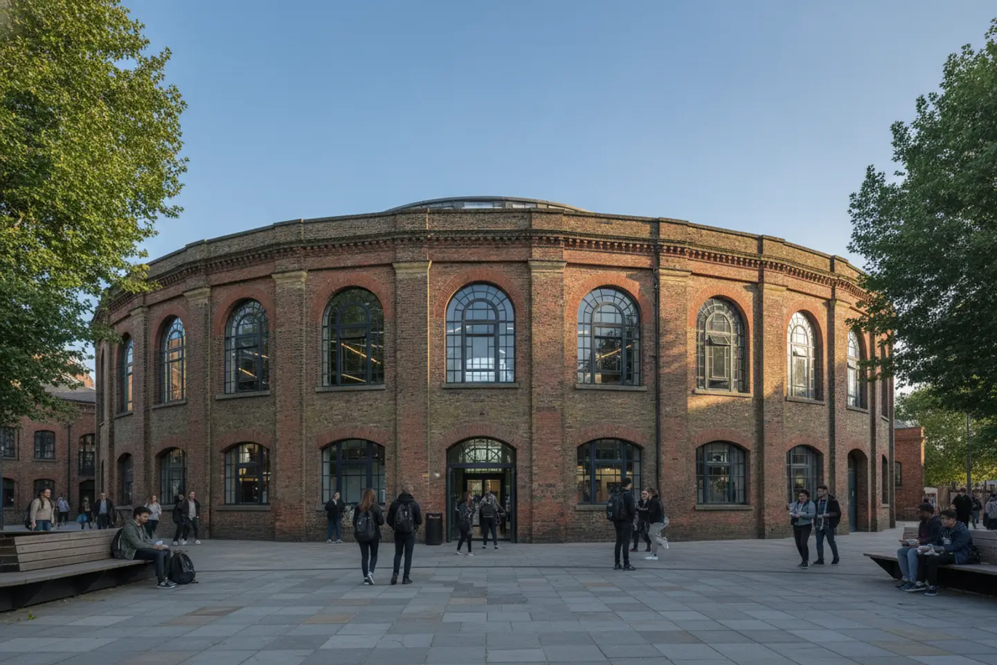 Historic red-brick railway roundhouse with arched windows under a blue sky