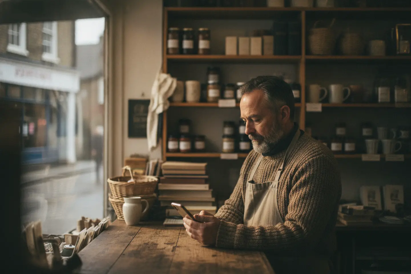 Independent shop owner checking a phone behind a shop counter