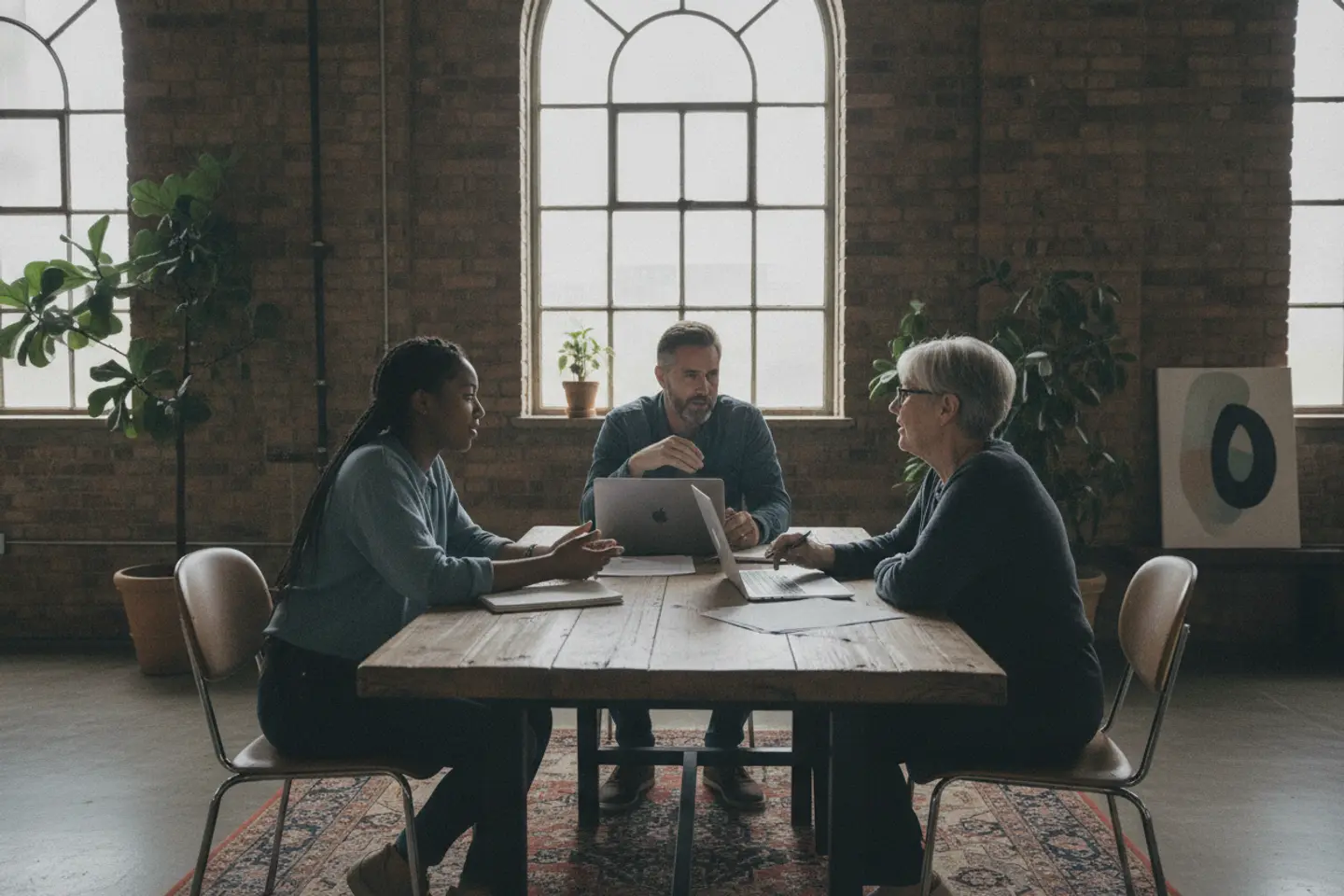 Three people discussing work around a table in a converted brick office