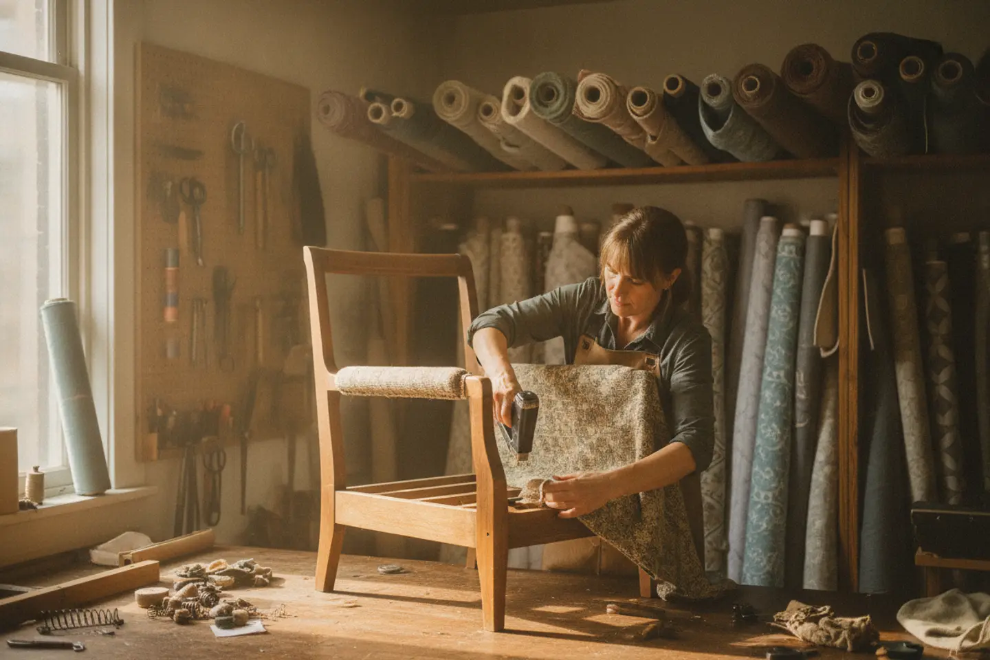Upholstery workshop with a part-finished armchair and rolls of fabric