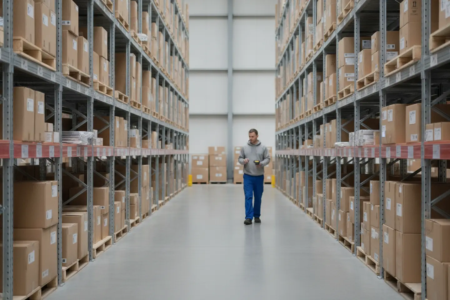 Warehouse aisle with racking stacked with boxed stock