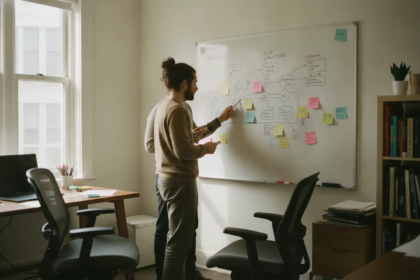 Whiteboard covered in a hand-drawn website structure plan with sticky notes